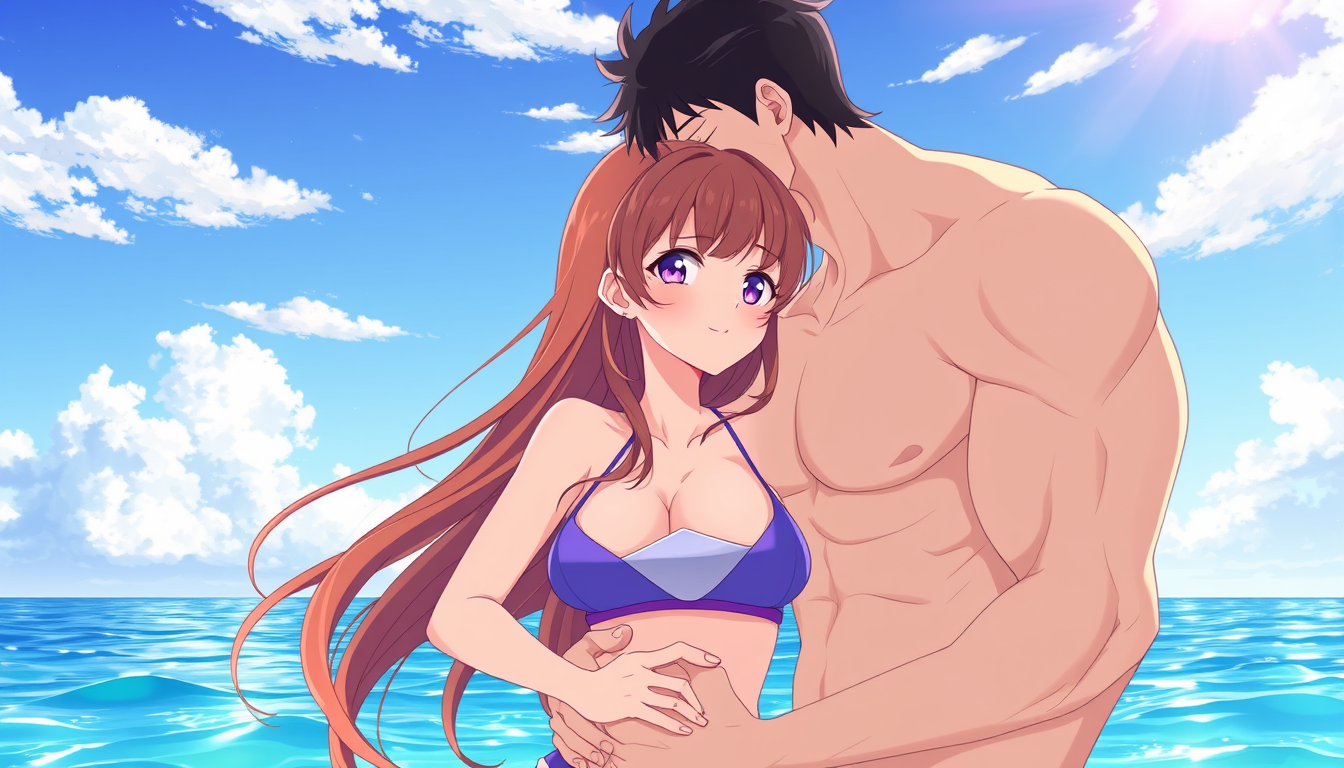 Anime idea: anime style, vibrant colors, expressive eyes, In a sunny sea setting, a girl with long brown hair wearing a burkini and a tall, muscular man with shor