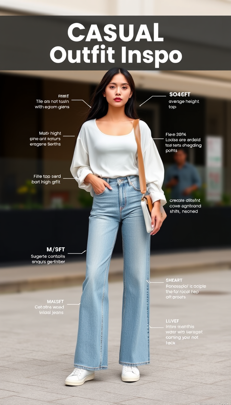 AI Art prompt example created from the prompt: Fashion outfit infographic, title “Casual Outfit Inspo”, average-height Asian woman, tan skin, black hair, natural body proportions, casual 