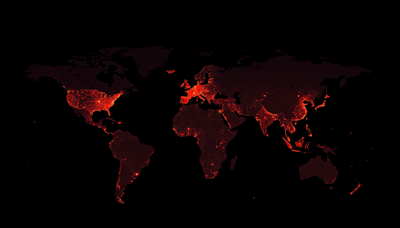 AI Art prompt example created from the prompt: global financial markets map glowing stock tickers red drop clean minimal infographic dark background