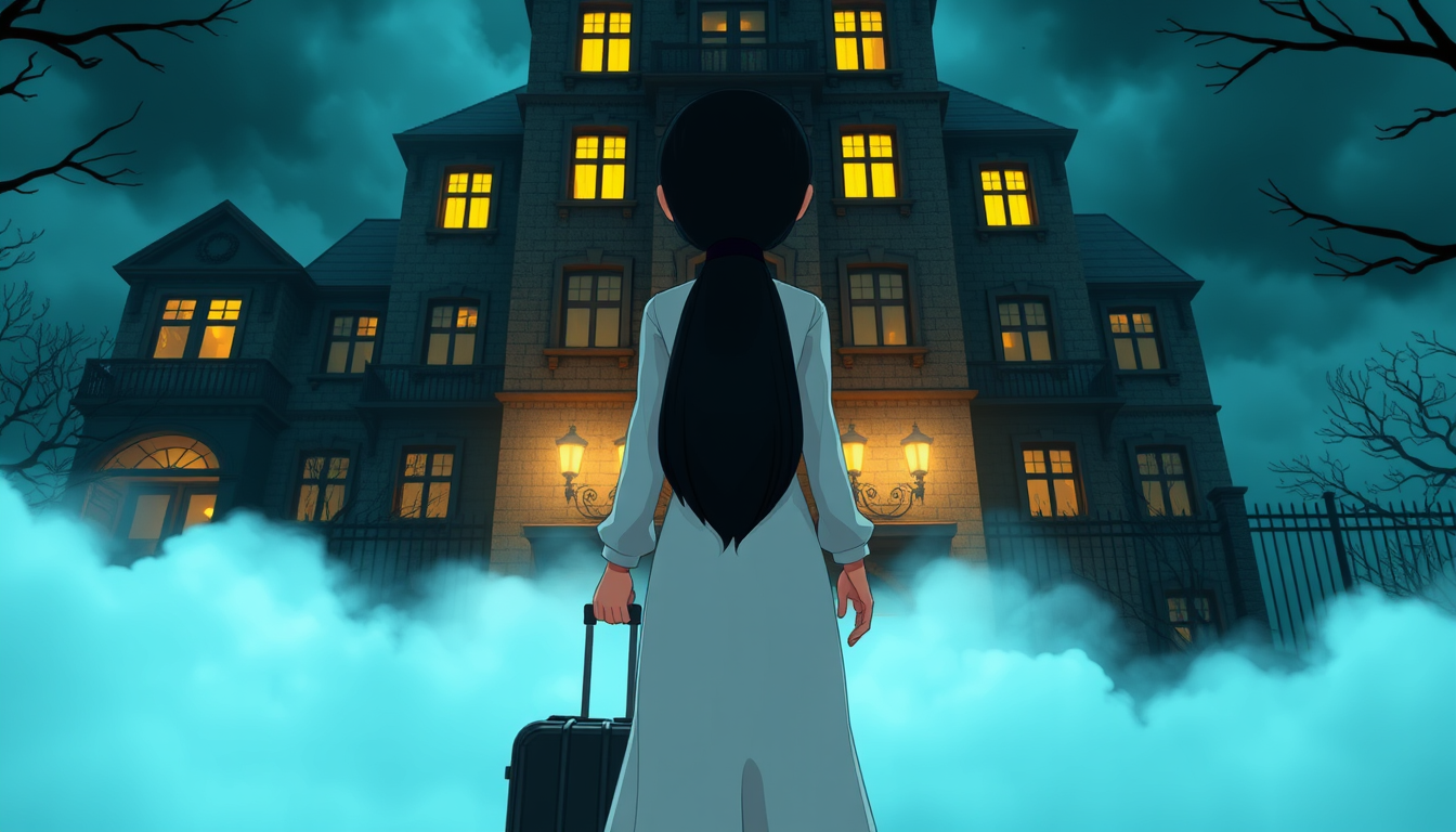 Main art studio: A high-quality 3D animated horror cartoon scene. A young woman named Ayesha with long black hair, wearing a modest full-length white dress with long s
