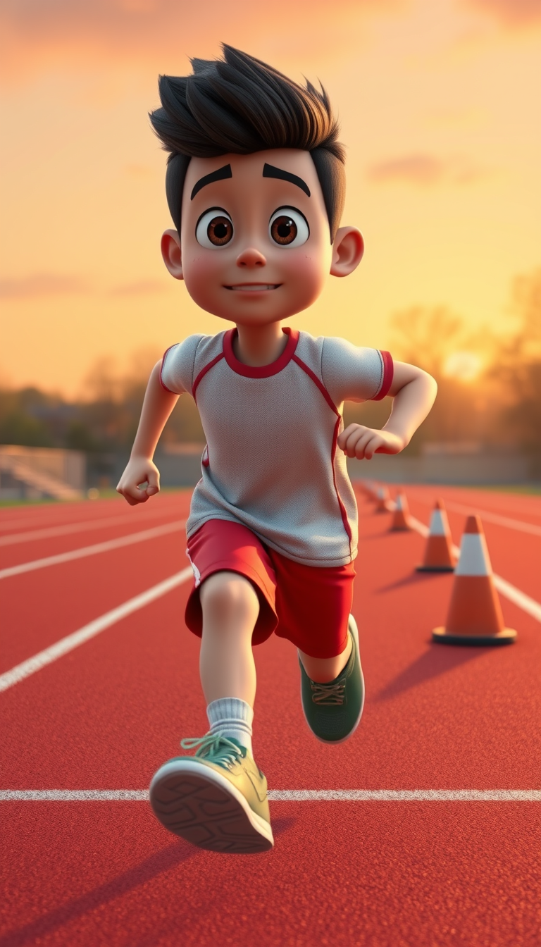 Main art studio: The boy is training hard alone on a school running track at sunrise. He is running fast with determination, sweat on his face, focused eyes. Show a fe