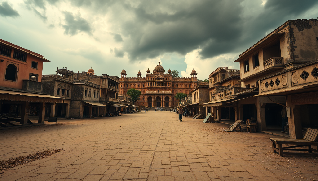 Main art studio: A dramatic historical view of Bhangarh town during a period of decline, deserted sandstone streets, abandoned market stalls, damaged buildings and sto