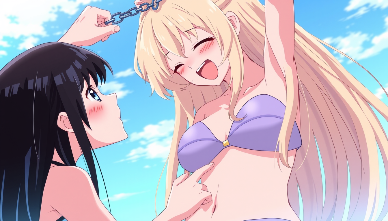 Main art studio: A pretty girl with long blonde hair is wearing a bikini. She is laughing. A black-haired girl is putting her finger in the other girl's belly button.
