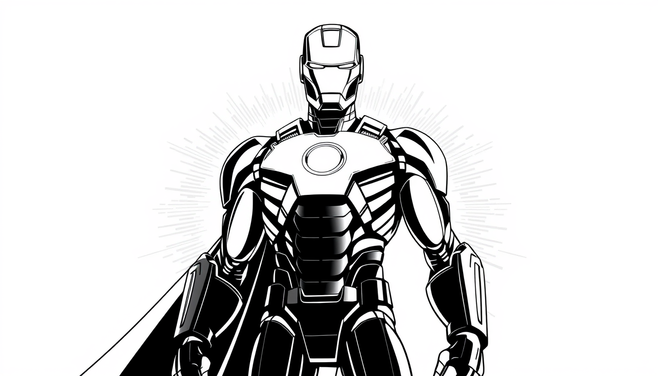 Main art studio: Iron Man standing heroically in a European comic book illustration, full body, clean precise black contour lines of consistent thickness, minimalistic