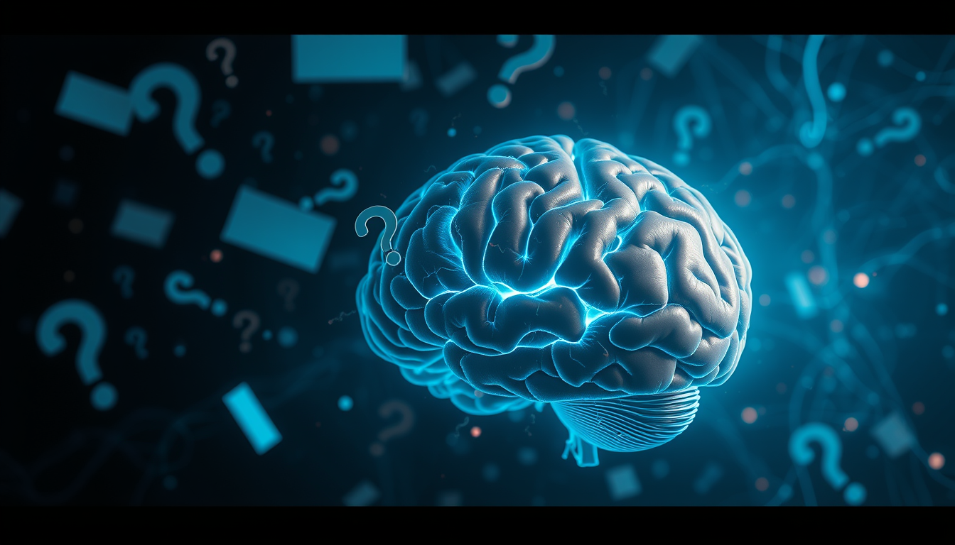 Main art studio: Ultra-realistic cinematic visualization of a realistic human brain surrounded by floating question marks, incomplete message fragments, blurred possib