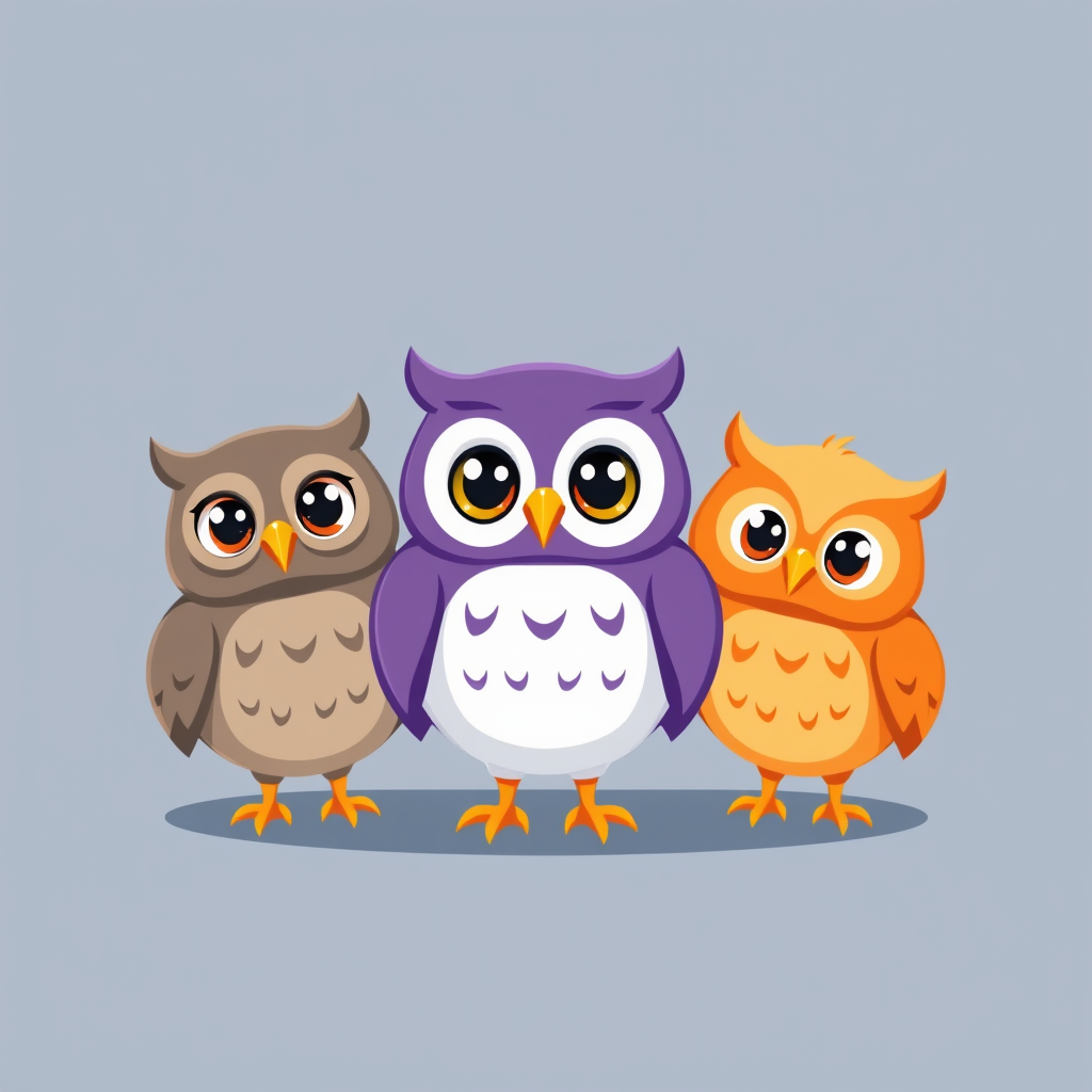 Main art studio: Create a charming 2D mascot logo for a modern university study app featuring exactly three cute owl characters, clearly separated with generous space
