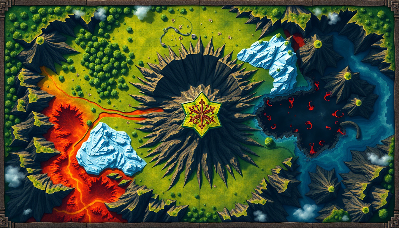 Main art studio: :::writing{variant="standard" id="74106" title="Prompt simple — plateau volcan"} Fantasy board game map, landscape 16:9, top-down view. A giant volcan