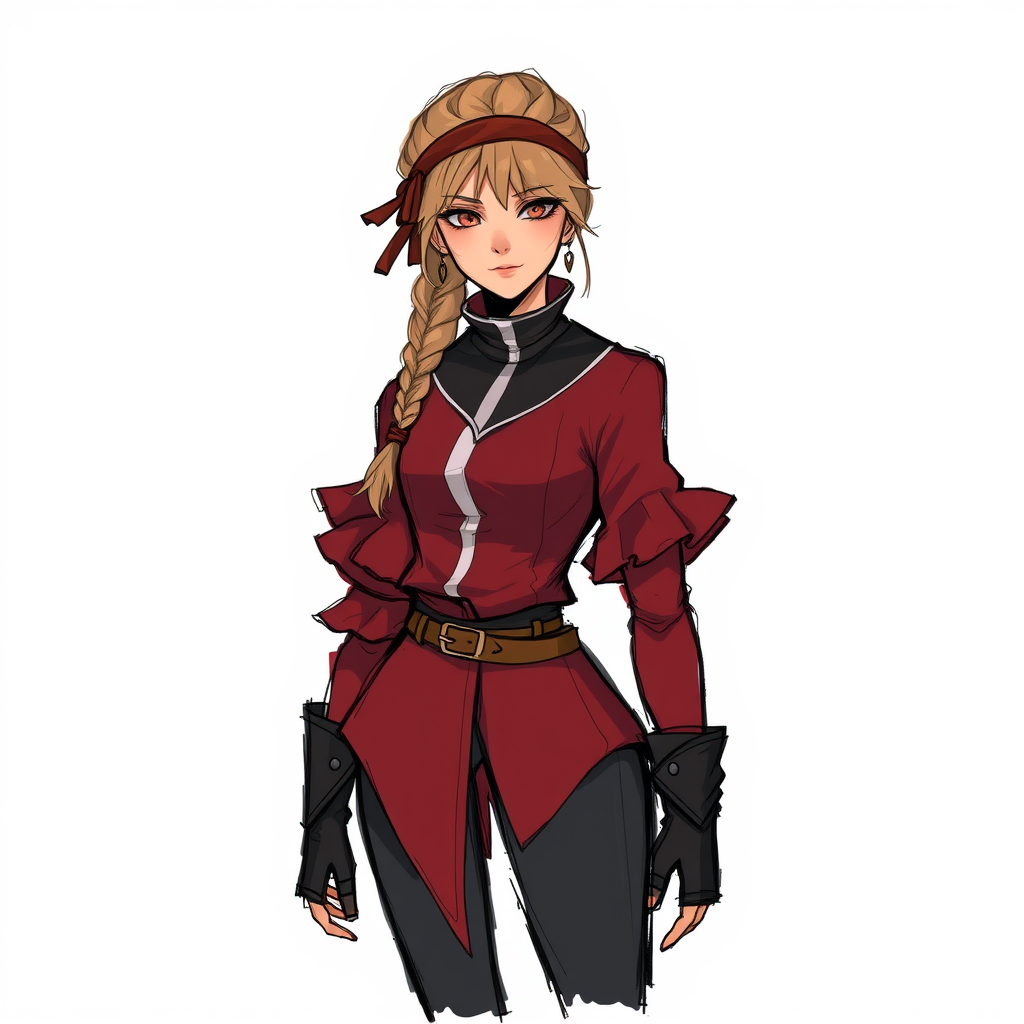Main art studio: Fantasy concept art style, sketchy messy art style, pommeplisa on twitter art style, Adult woman thief, dusty pink-dirty blonde braided bun with chopp