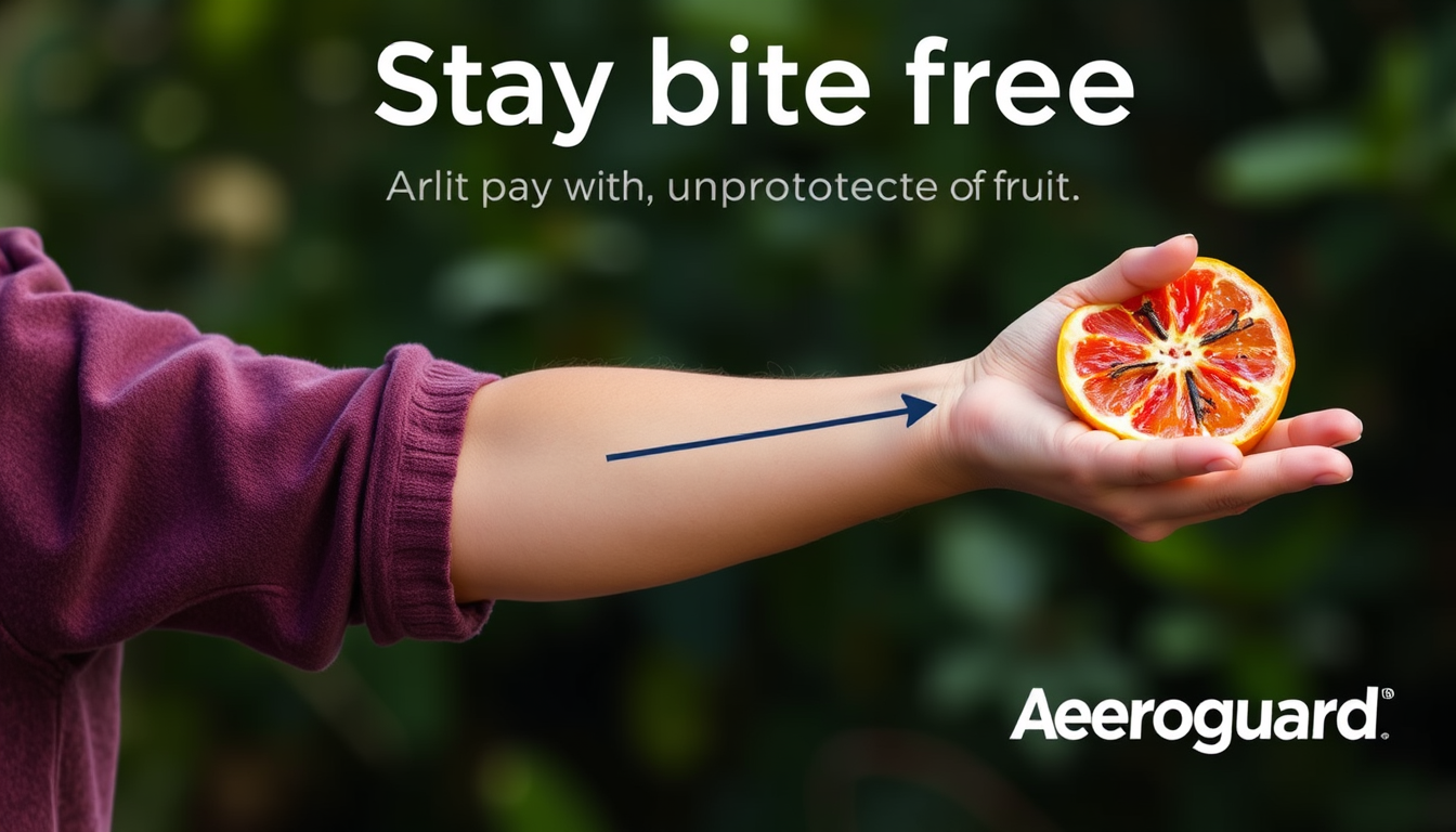 Main art studio: A signpost on a student's arm pointing away from the skin toward a nearby, unprotected piece of fruit . Headline: Stay bite free with Aeroguard.