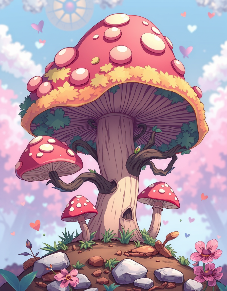 Anime idea: anime style, vibrant colors, expressive eyes, create a mushroom tree with simple Toon cel-shaded artstyle , detailed anime illustration