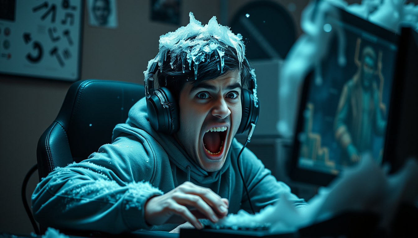 Main art studio: A dramatic, funny meme-style image of a guy frozen in shock at a computer desk with frost and icicles growing over his gaming headset and keyboard, dr