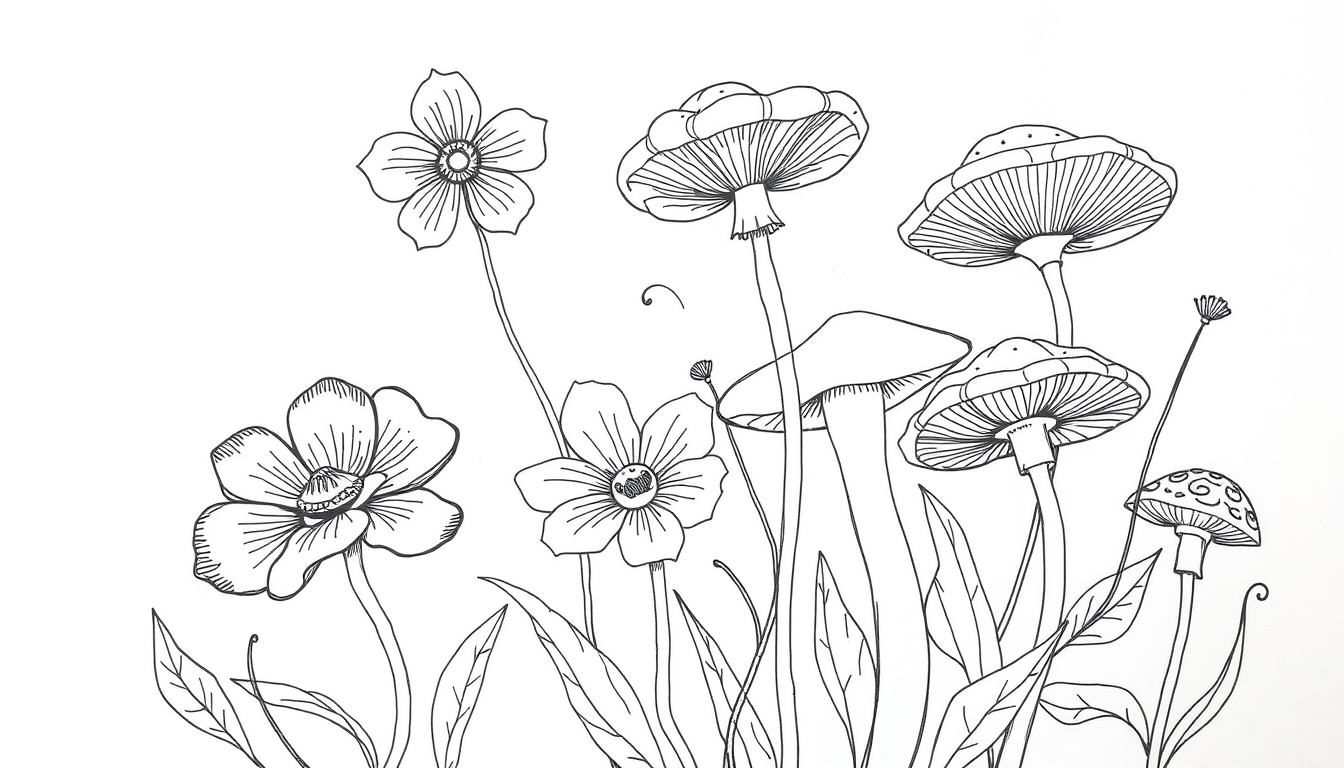 Main art studio: sketch me up some line art of some flowers and flowers with some squiggles and lines and heavily thick bold lines and mushrooms and complex flowers an