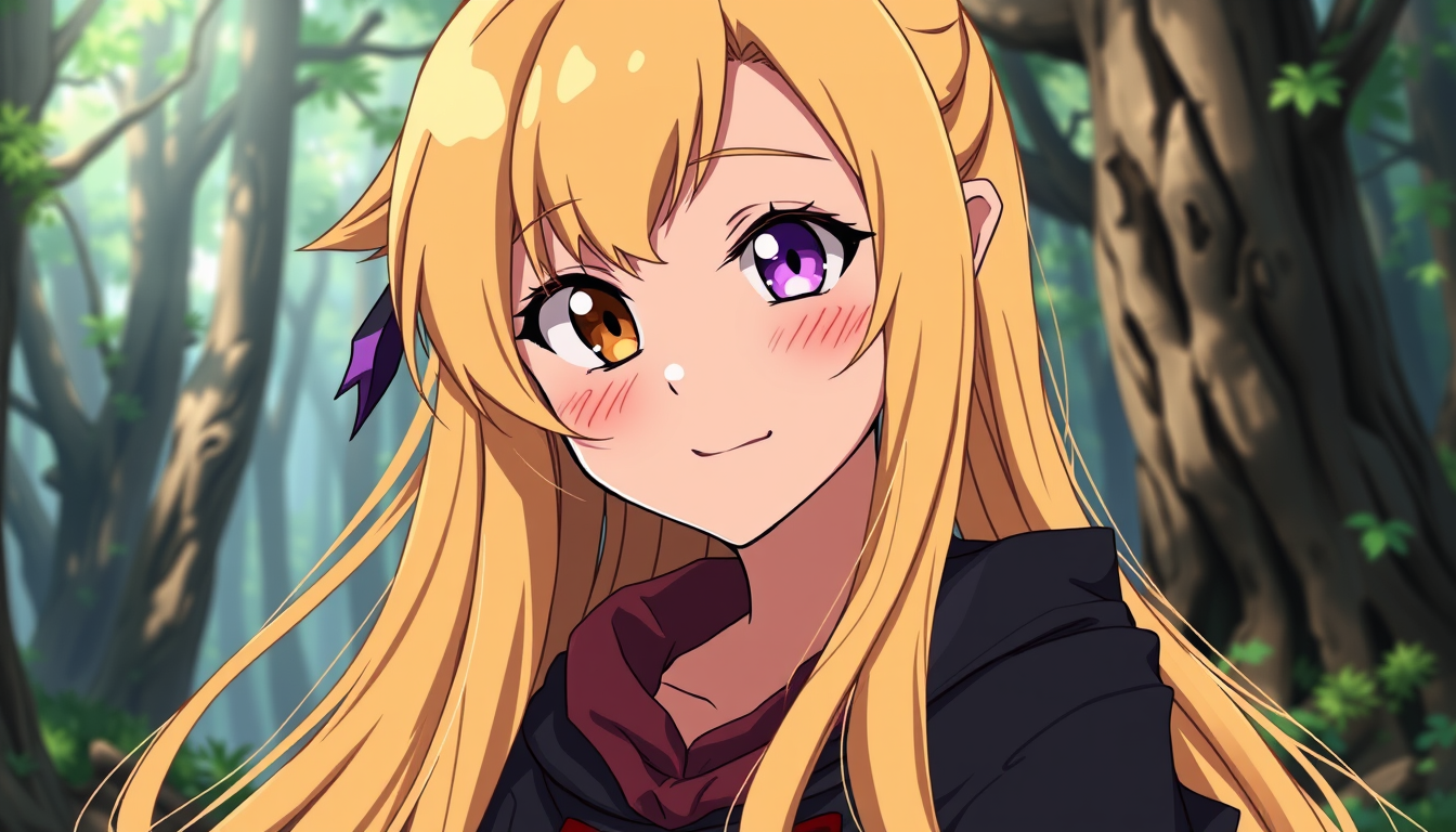 Anime idea: anime style, vibrant colors, expressive eyes, Semi-realistic anime illustration of Azaliah, with long, dirty-blonde hair and a purple right eye. Her l