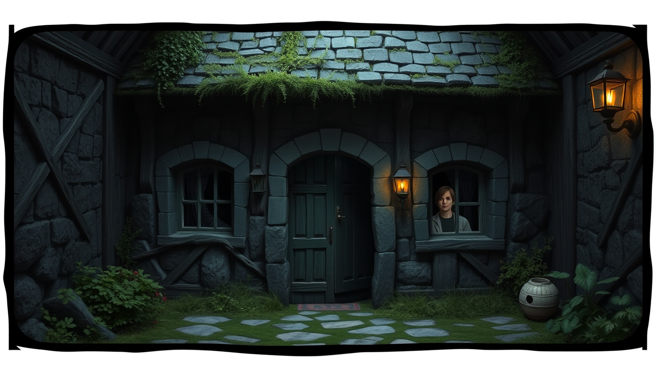Main art studio: Innenansicht eines Hauses(Düster) Mit 2 Türen, neben jeder Tür Steht eine Person!!!. 64 BIt version