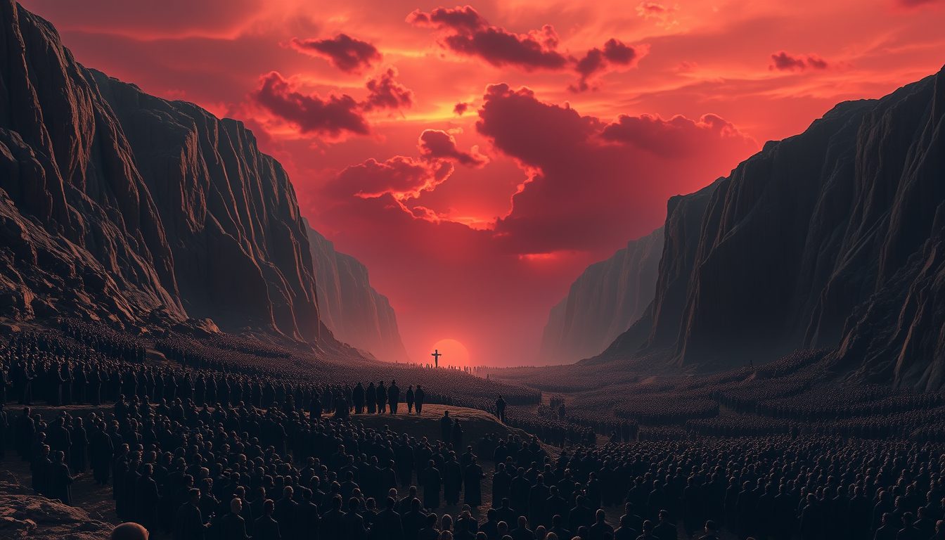 Main art studio: Terrifying Qiyamah scene beside a vast rocky valley, endless crowds gathered between towering cliffs, burning sunlight reflecting from the ground, dar