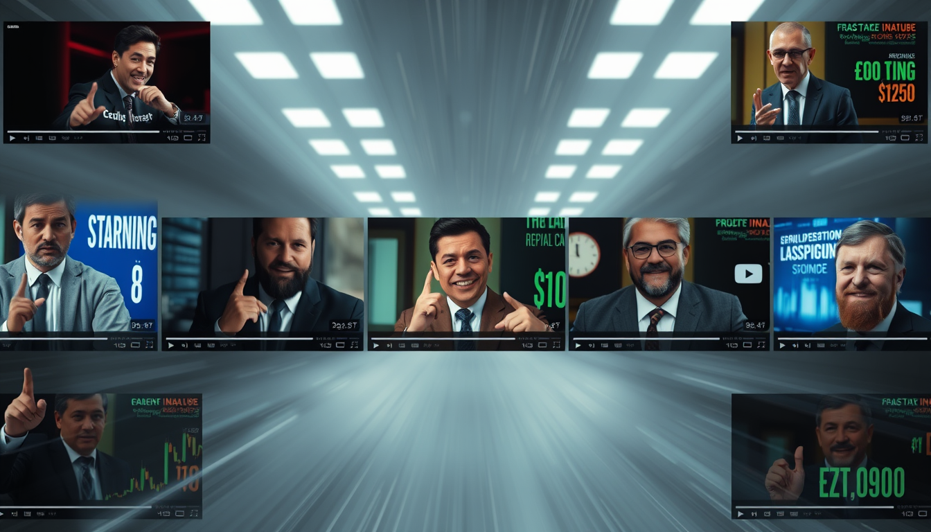 Main art studio: Fast cinematic montage of multiple fake YouTube finance thumbnails, different financial gurus promising instant wealth, stock picks and huge profits. 