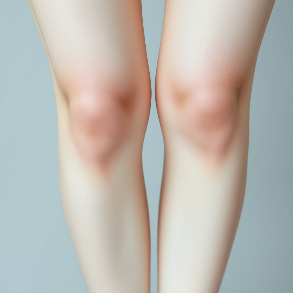 Main art studio: Ultra realistic close-up skincare photo of a woman’s two legs with fair, smooth, light skin. Both legs are completely white and even-toned. Only the k