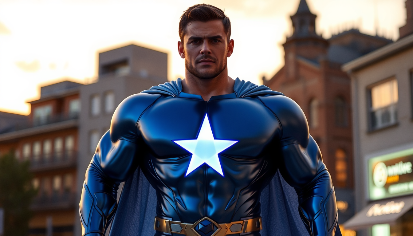 Main art studio: Un super-héros très musclé portant un costume bleu métallique, avec une grande étoile blanche stylisée au centre du torse. L'étoile semble s'enrouler