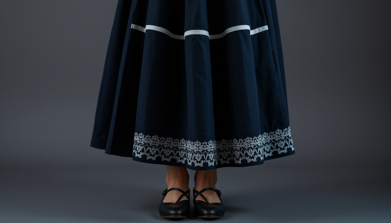 Main art studio: a mature maid with a darkblue pleated skirt and a white lace half maid apron and with blck shoes