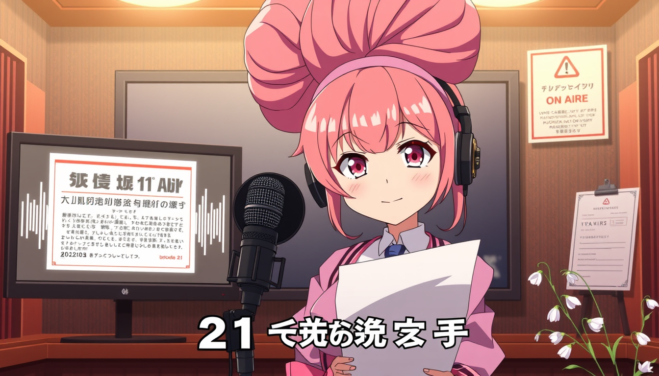 AI Art prompt example created from the prompt: A dramatic and colorful 16:9 Japanese anime episode thumbnail for Episode 21, featuring Kondo Aki, a 17-year-old genius voice actress. CHARA