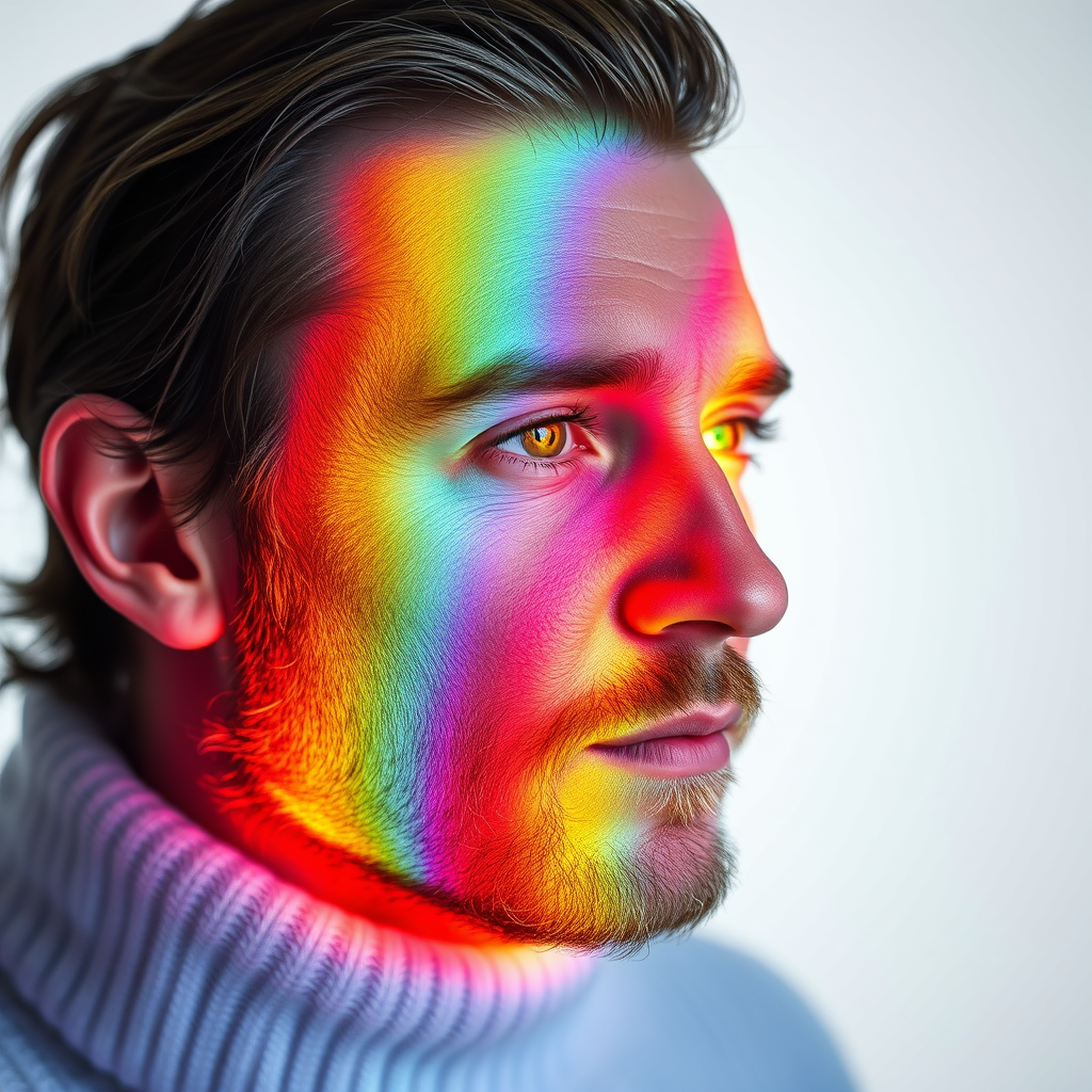 Main art studio: Erstelle mir ein realistisches Bild von einem Stricker mit einem leuchtenden Rainbow-Effekt. Der stcikr soll so aussehen, als würde er von innen herau