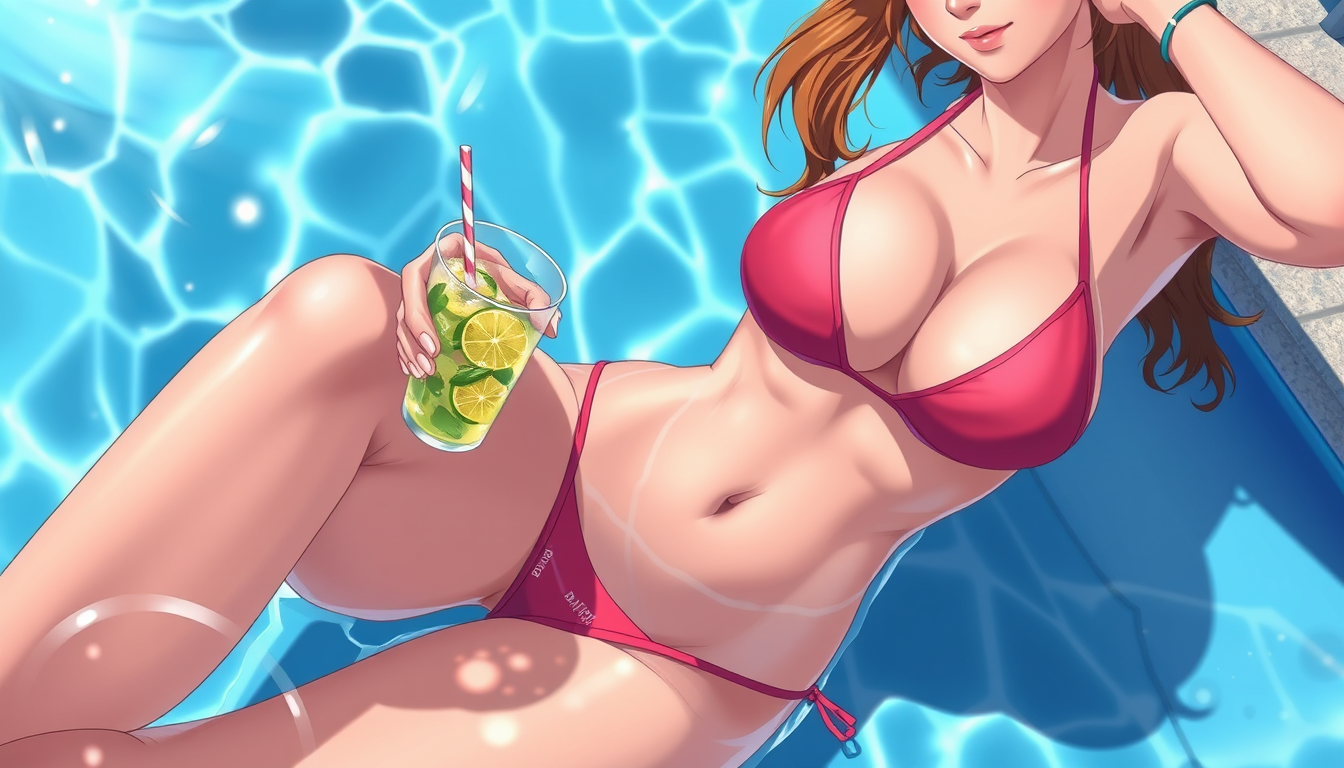 Anime idea: anime style, vibrant colors, expressive eyes, Crée moi une image version anime d’une fille de 21ans en bikini très fin sur une bouée a la piscine priv