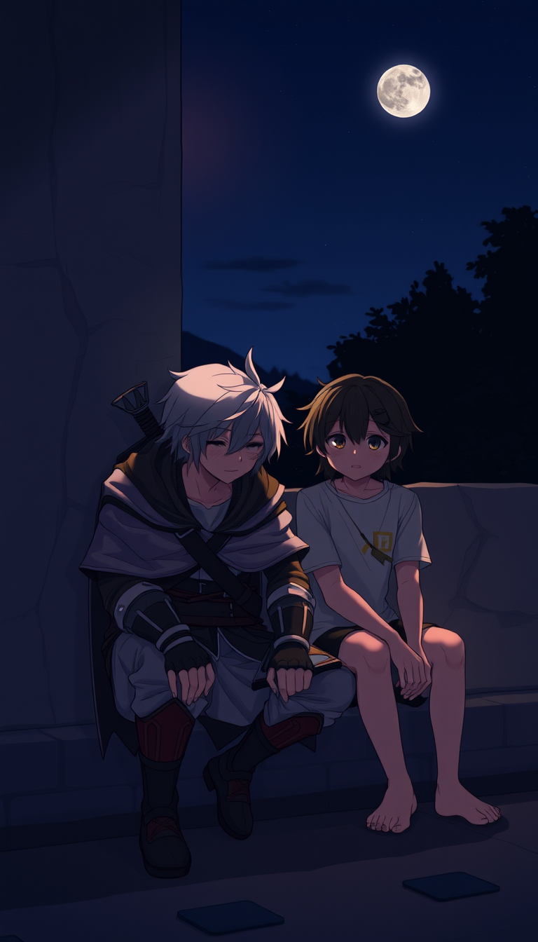 Main art studio: Exhausted anime warrior sitting against a wall while a close friend quietly sits beside them, supportive friendship without romance, peaceful night se