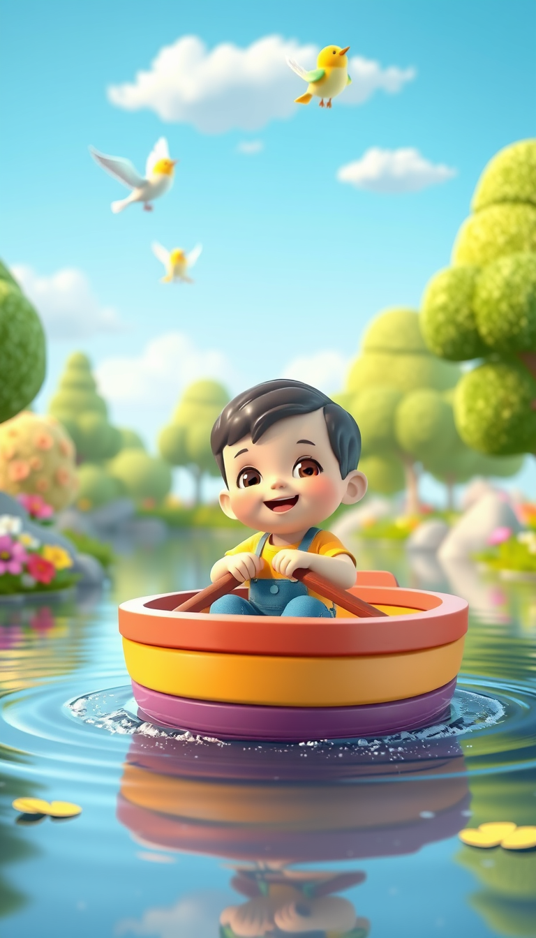 Main art studio: A cute, cheerful young child sitting safely inside a small colorful wooden boat, gently floating along a calm, sparkling river. The child smiles happi