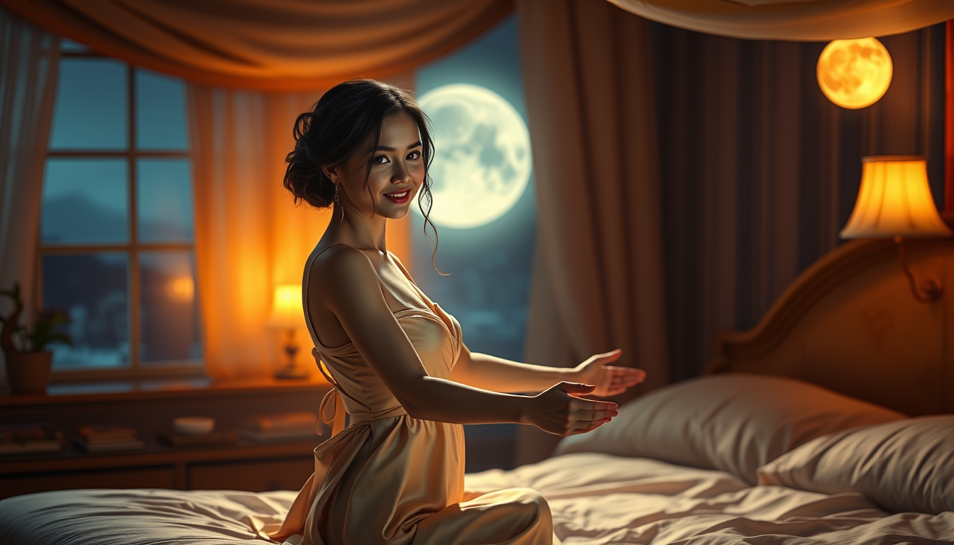 Wallpaper idea created from the prompt: wallpaper artwork, wide atmospheric scene or bold pattern, high detail, Beautiful fictional woman Luna, cozy bedroom at night, elegant sleev