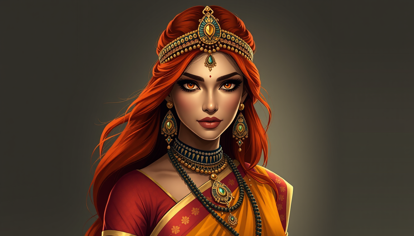 Characters idea: an original character defined by silhouette, role, outfit, palette, and expression, deliberate composition, Indian princess from india with amber eyes