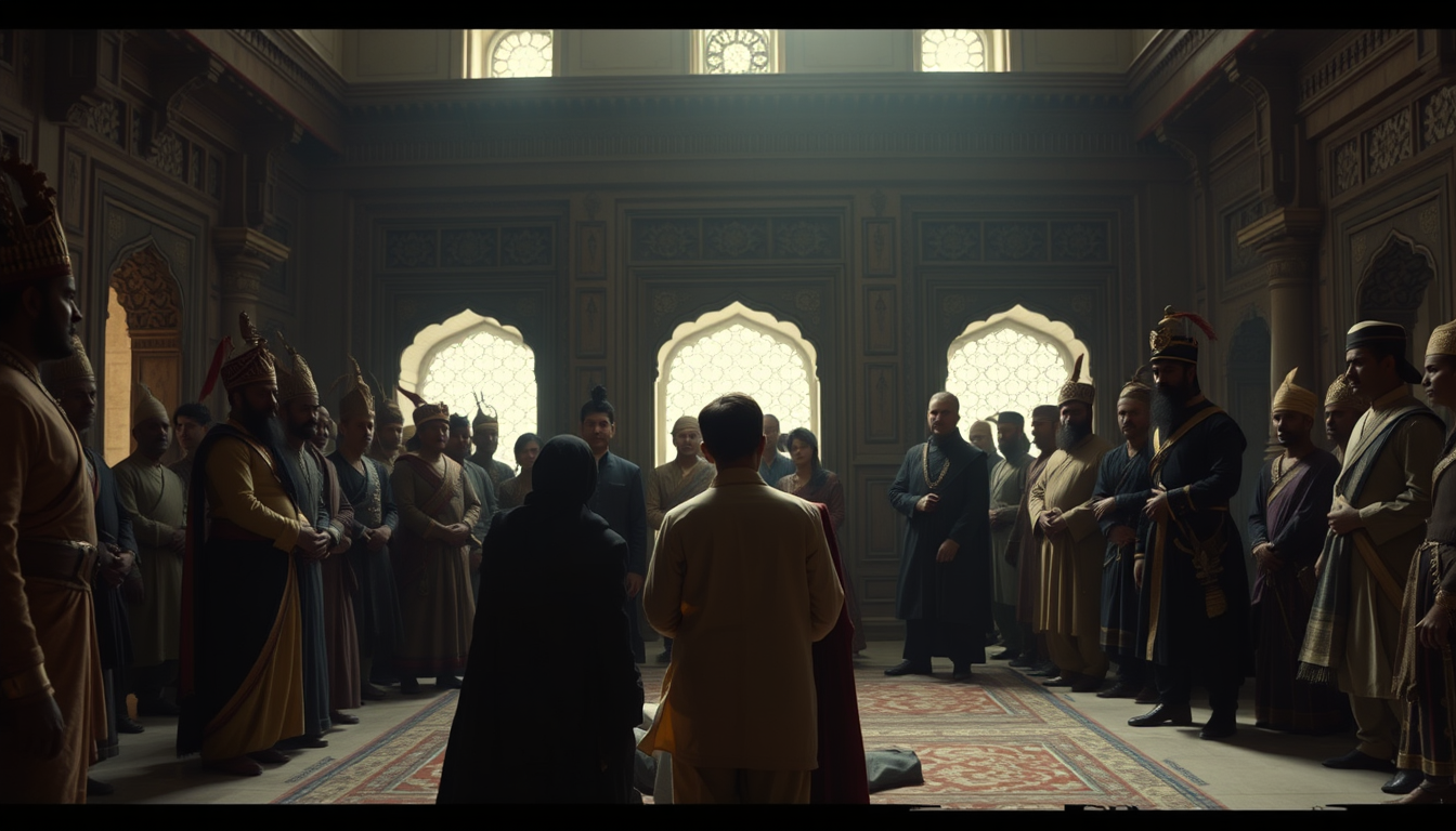Main art studio: Scene 4 — Humayun's Death Prompt: A solemn 16th-century Mughal royal court after the death of an emperor, a young prince surrounded by concerned noble