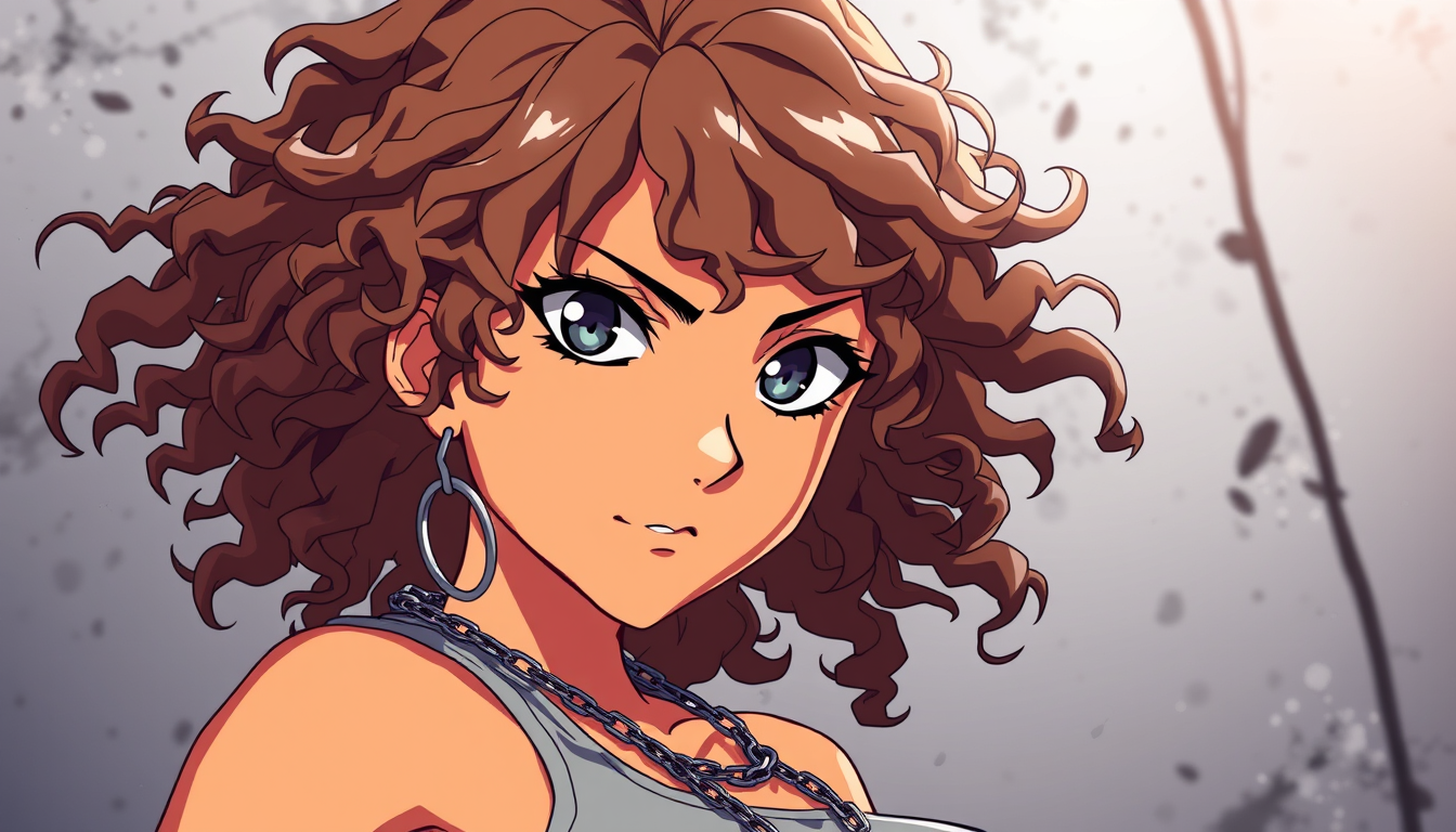 Anime idea: anime style, vibrant colors, expressive eyes, Skinny Girl tan, dirty blonde/ brown curly long hair who looks mysterious and intimidating with gray eye
