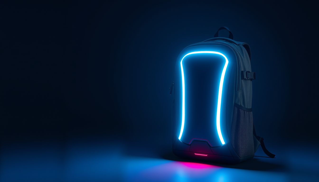 Main art studio: Hi, erstelle mir ein Bild von einem Smart Rucksack, welcher LED Licht, Sprachsteuerung, Ortung und modern ist, damit ich dieses als Werbung einbauen k