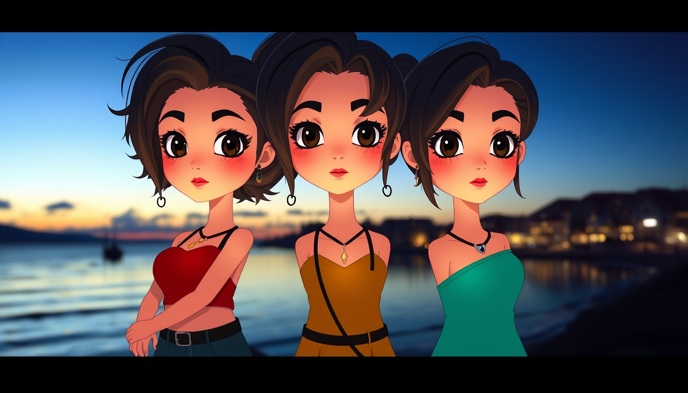 Main art studio: Tienes q hacer a tres chicas de espalda, dos con el pelo hasta los ombros y una un poquito menos de la contura, tienen q estar mirando un atardecer, Y