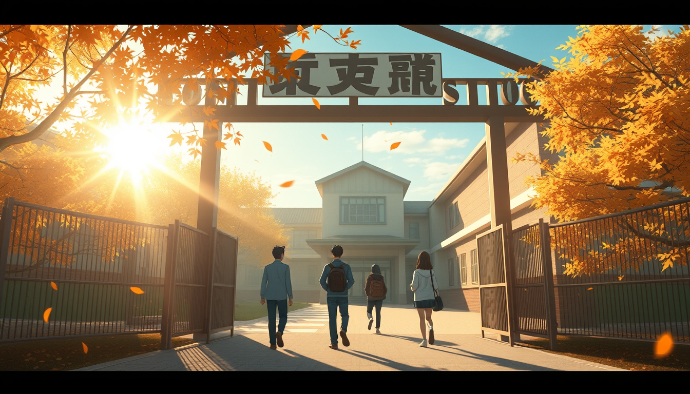 Main art studio: Cinematic Japanese anime film still, wide shot of a Japanese high school in early October, golden morning sunlight, autumn leaves drifting through the