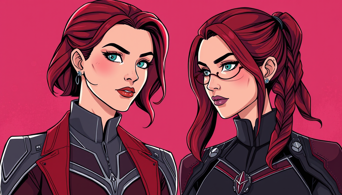 Main art studio: Yatay 4:3, sinematik fotogerçekçi tek görsel, tamamen yazısız. Pepper Potts ve Wanda Maximoff gerçek sinema karakterlerinin yüz hatlarına, saçlarına, 