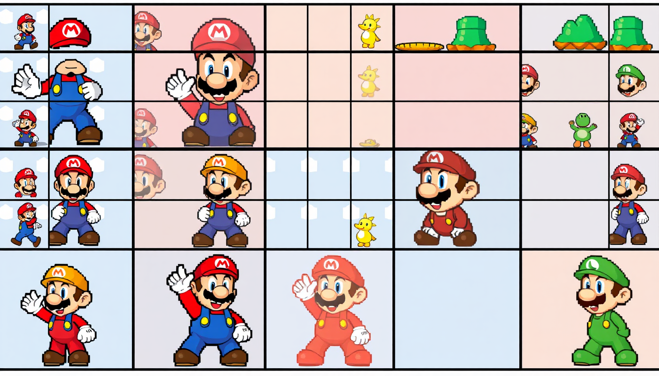Sprite Sheet idea: a grid of animation frames sharing one character, scale, palette, and camera angle, deliberate composition, Pixel Art Sprite Sheet Mario 5 Types , pol