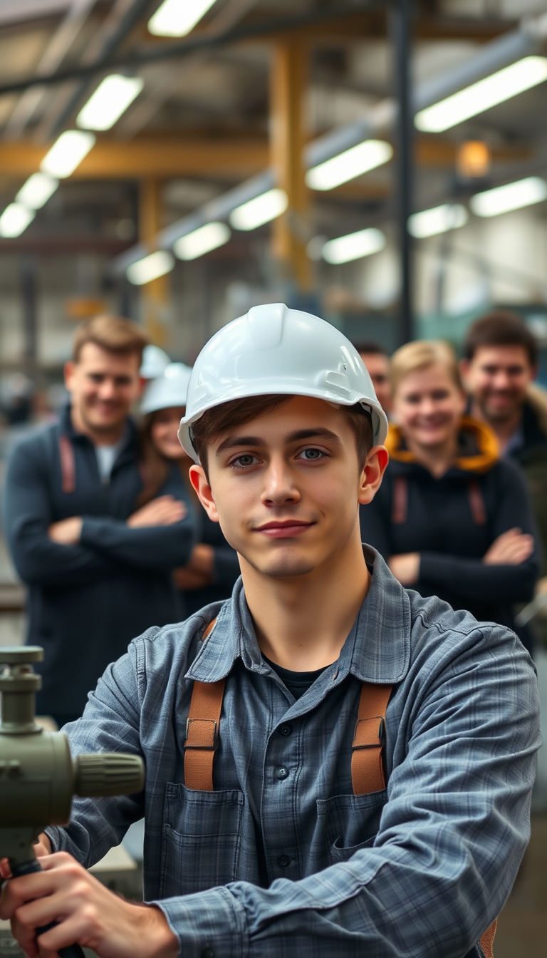 AI Art prompt example created from the prompt: Use the uploaded photo as the exact face reference. The same young man works at the factory while several coworkers look at him skeptically