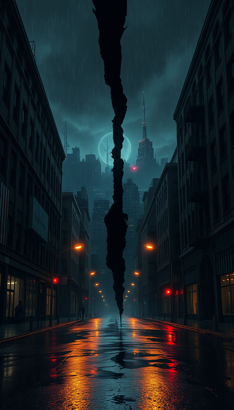 Main art studio: Dark comic-book scene, deserted rainy city street at night, a thin black crack in the air, a ruined parallel city visible through it, eerie atmosphere