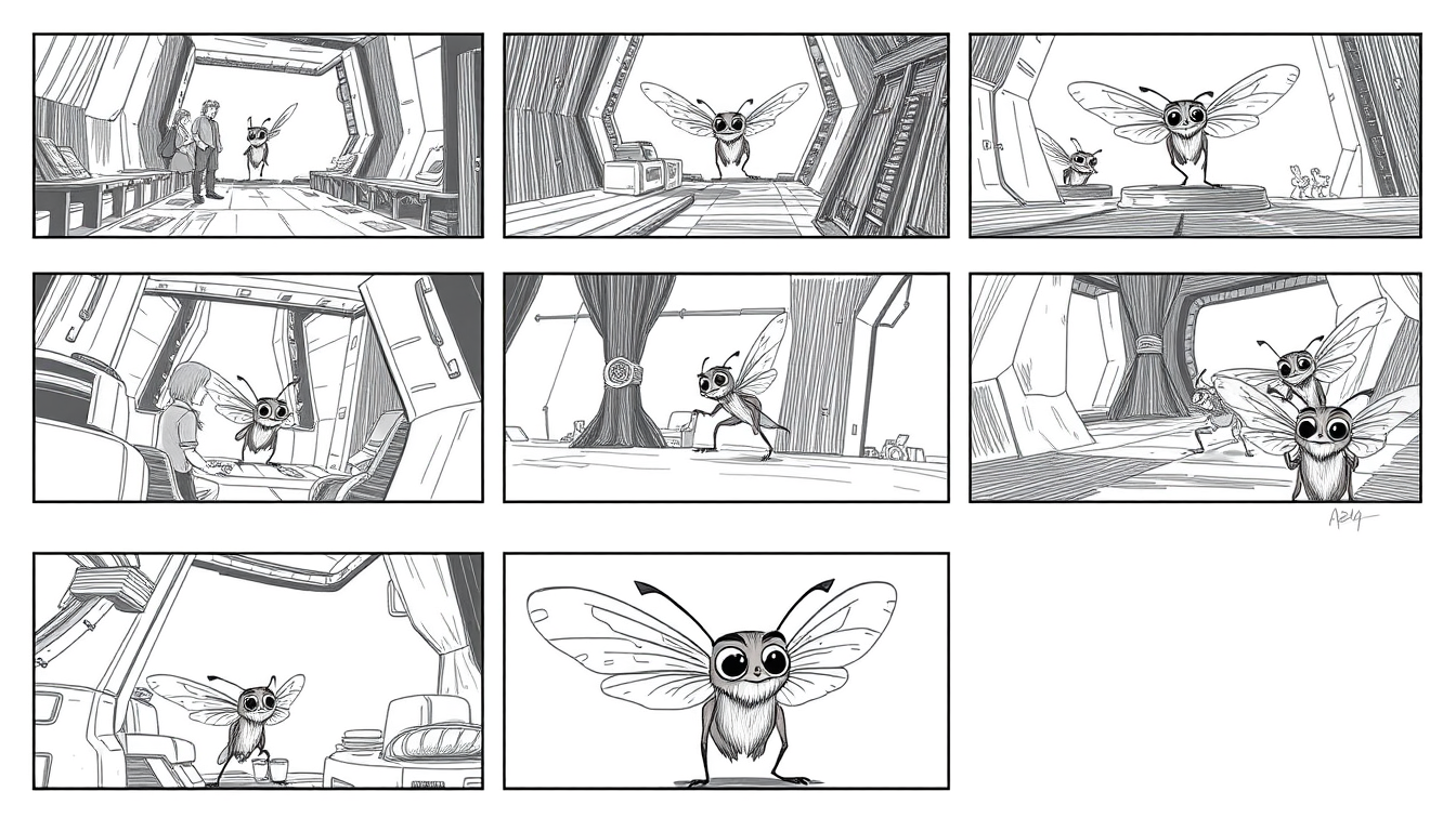 Storyboard idea: storyboard panels, cinematic shot sequence, clear camera angles, grayscale sketch layout, readable scene flow, original moth character, bold colours,