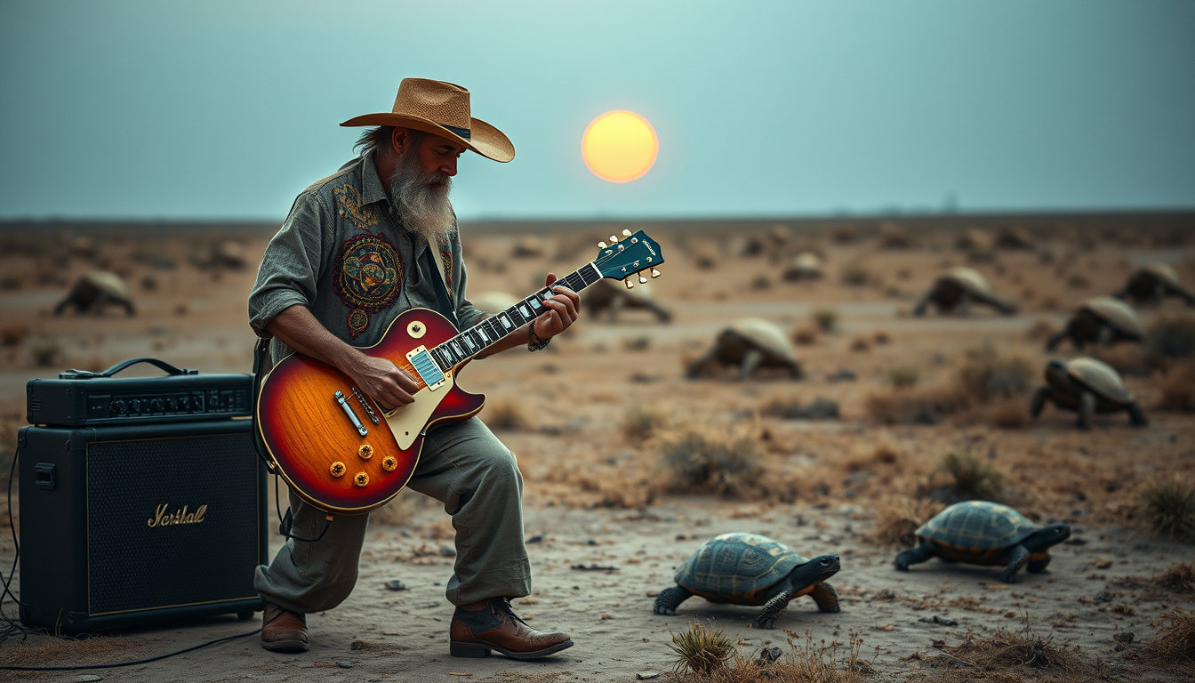 AI Art prompt example created from the prompt: An enchanter playing a magical les paul guitar through a matching amplifier in a dusty west texas oil field with a couple of turtles strolli