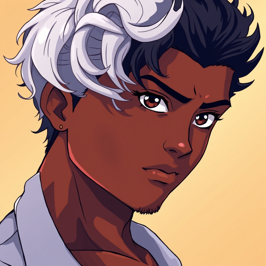 Anime idea: anime style, vibrant colors, expressive eyes, Fille africaine gros seins cheveux argentés crépus coiffé homme rouges yeux noirs , detailed anime illus