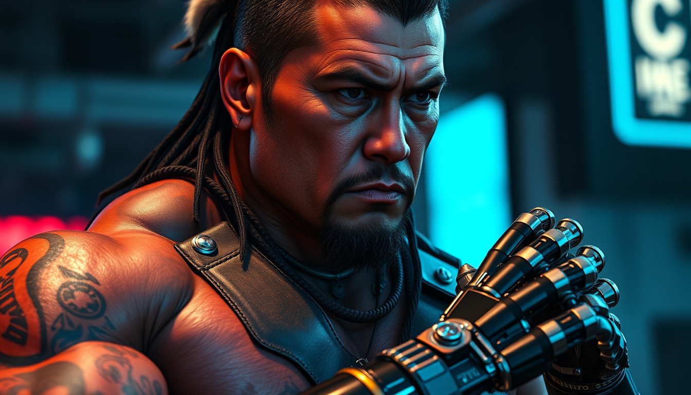 AI Art prompt example created from the prompt: Create an ultra-photorealistic, cinematic character portrait of a powerful modern Indigenous North American warrior living in a dark, techno