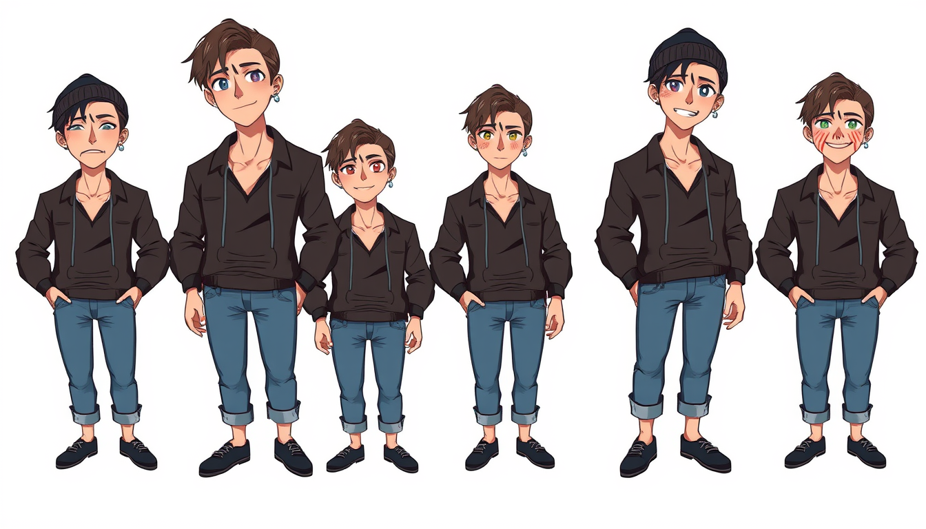 VTuber idea: vtuber avatar character, anime style, expressive face, streaming-ready design, male character, slightly feminine. dark brown hair, black shirt with a