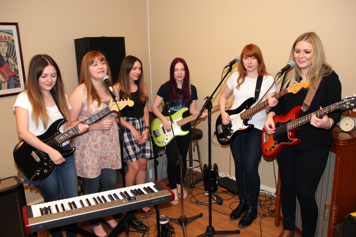 Main art studio: Eine Girlband mit fünf Bandmitglieder, alle 21 Jahre alt, unterschiedliche Haarfarben und Längen, auf einer kleinen Bühne, mit Instrumenten Schlagzeug
