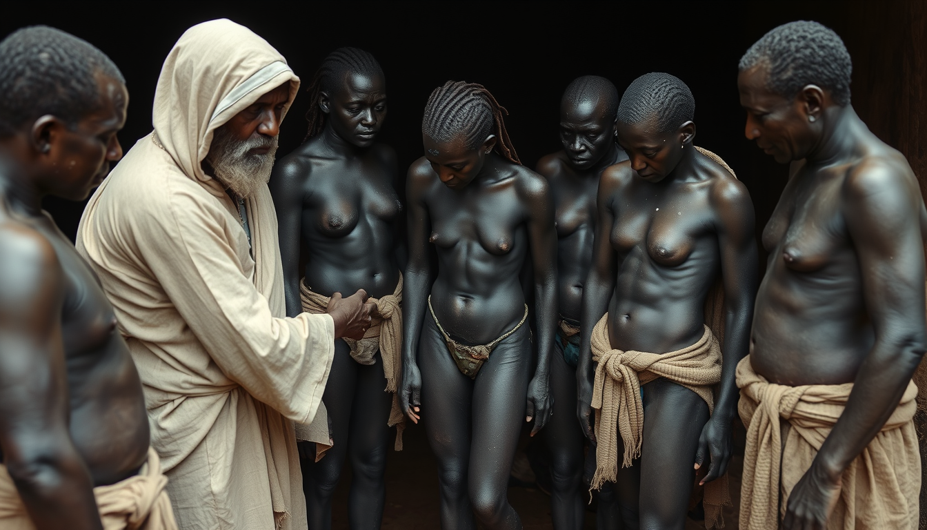 Main art studio: blacl female slaves being inspected by their white male slavers, already having fully stripped them of any clothing and inspecting their bodies