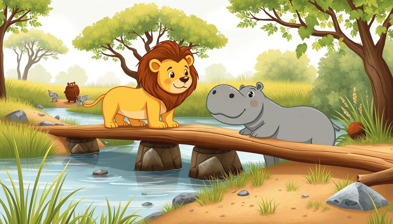 Main art studio: Illustration d’un livre pour enfants : le même lion gentil à la crinière dorée et le même hippopotame gris sont près de la rivière dans la savane. Ils