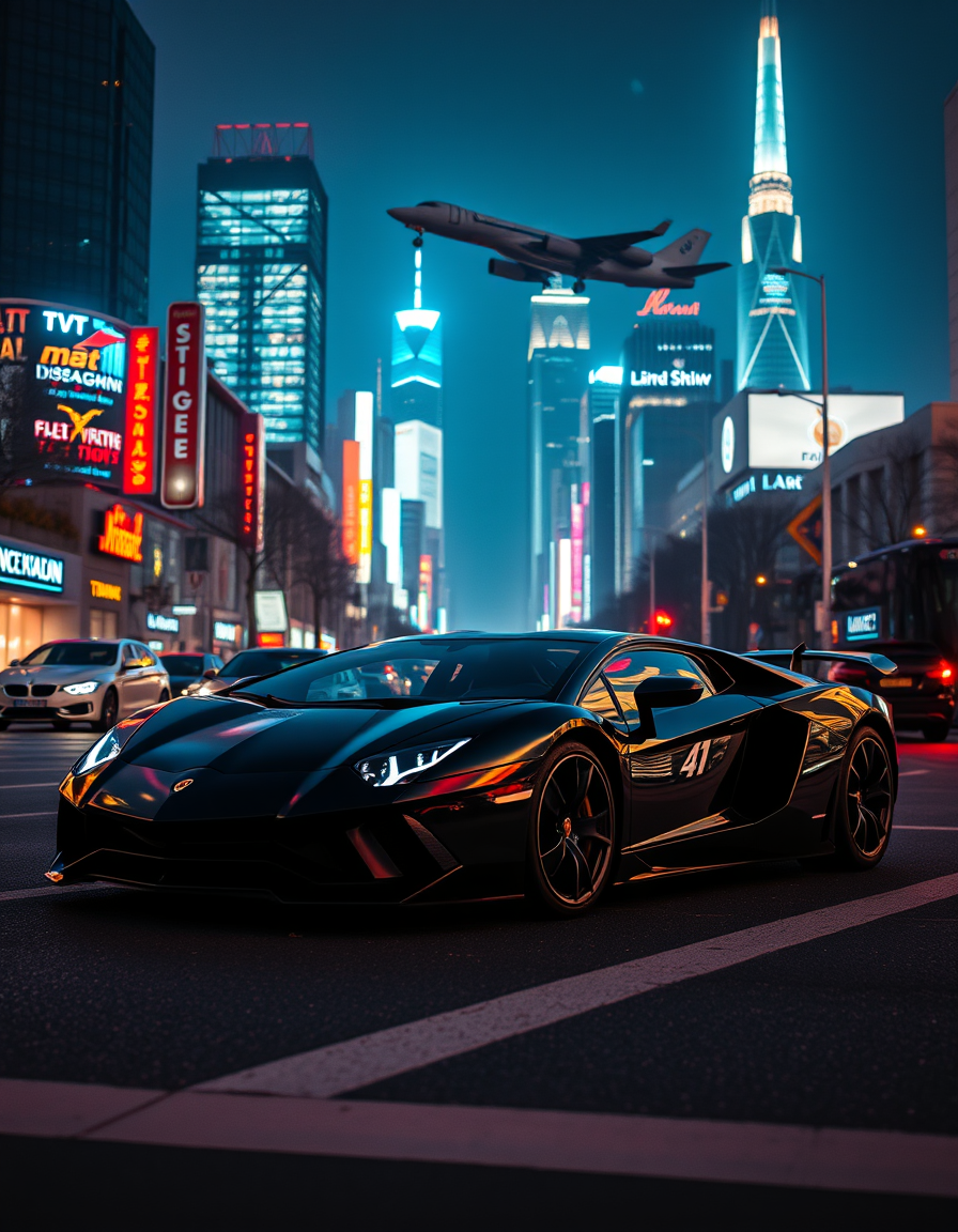 Main art studio: ein cooles bild mit neon effekten und ein schwarzer lamborgihni in einer gross stadt oben noch ein privat jet