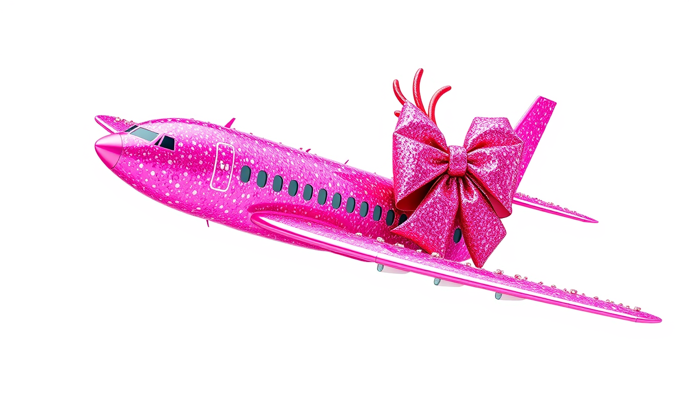 Main art studio: A ridiculously kitschy hot pink Christmas airplane, perfect side view, facing left, flying horizontally from right to left. Covered in sparkling pink