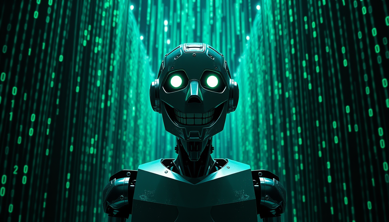 AI Art prompt example created from the prompt: a matrix like scene with cascading binary and a grinning robot in the center